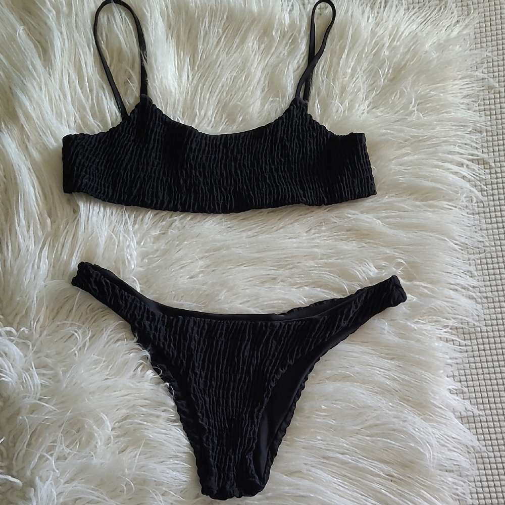 Zara Black Textured Bikini High-Cut Thong